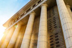 Courthouse columns viewed from a low angle