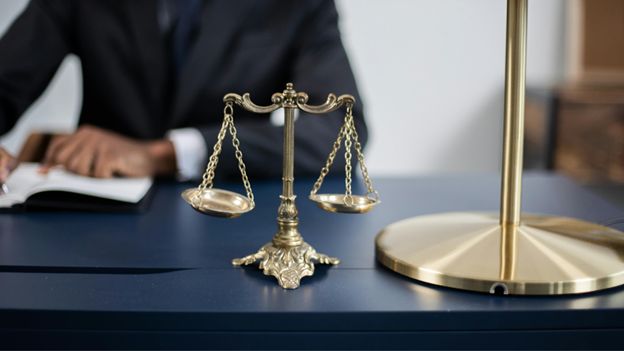 Justice scale beside an open laptop