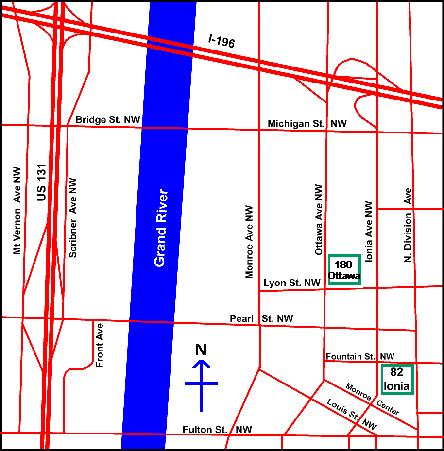 Map showing the 61st District Court in Grand Rapids